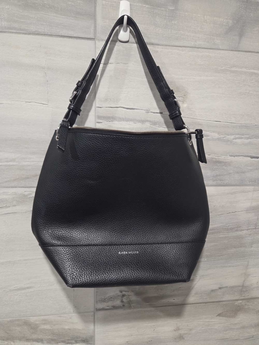 Karen Millen Black Pebbled Leather Shoulder Bag Hobo Purse Silver Hardware